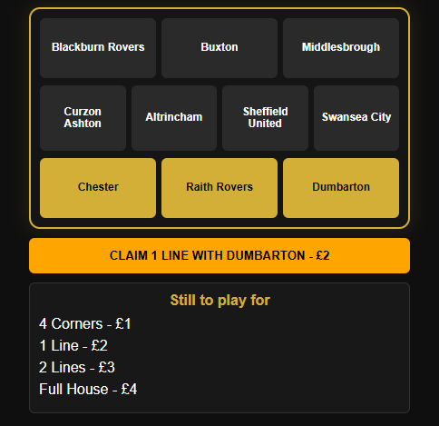 Footy Bingo matchday bingo card screenshot